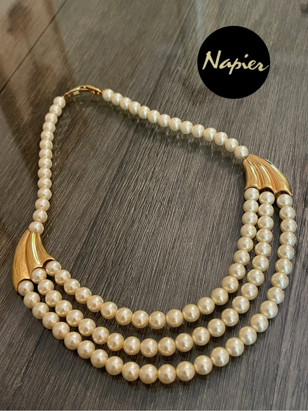 Vintage Napier Three Strand Waterfall Faux Pearl Necklace - Ivory/Cream 18” appr